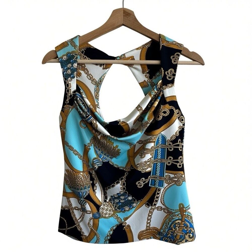 VTG Caché Y2K Top Sz S Draped Neck Sleeveless Equestrian Print Cut Out Back